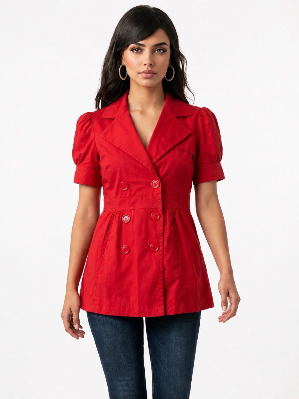 Seduction Red Puff Sleeve Double Breasted Trench Jacket Blazer M
